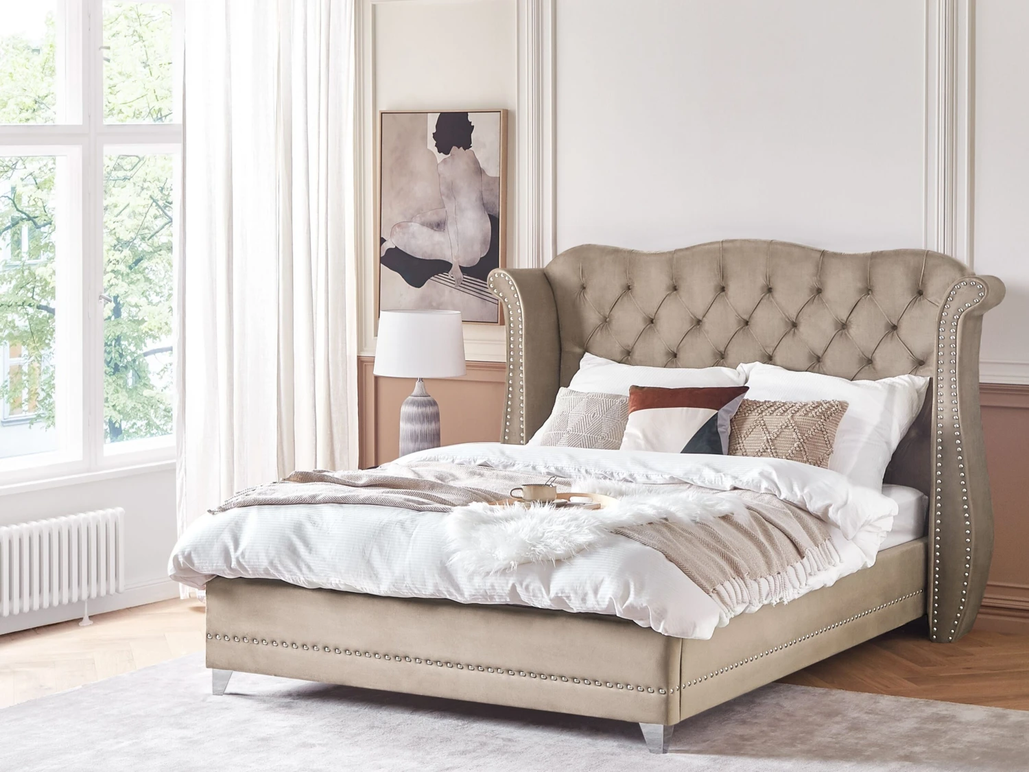 Bed Fluweel Taupe In Diverse Formaten AYETTE - Afbeelding 2